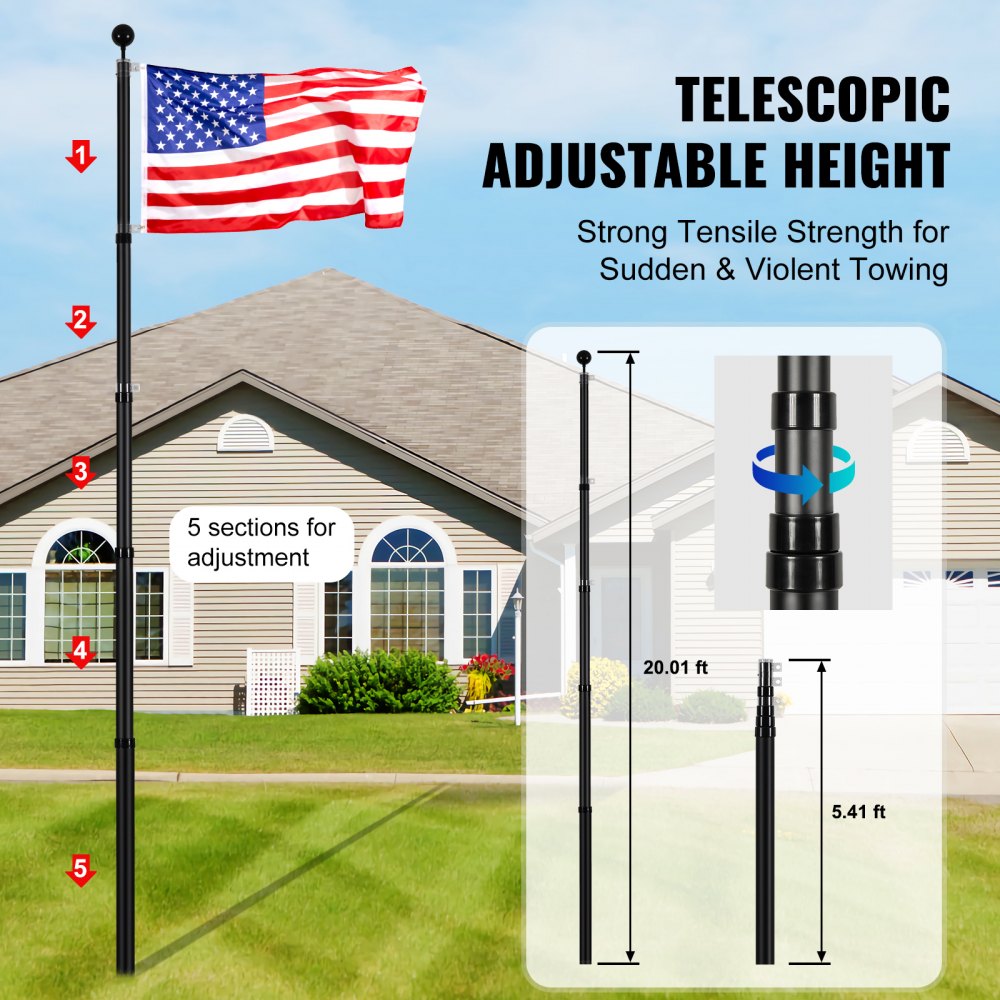 VEVOR 20FT Telescoping Flag pole Kit, Heavy Duty Aluminum Alloy in Ground Flag Poles for Outside, 3 Display Modes Flagpole with 3x5 American Flag, Professional Accessories, Black