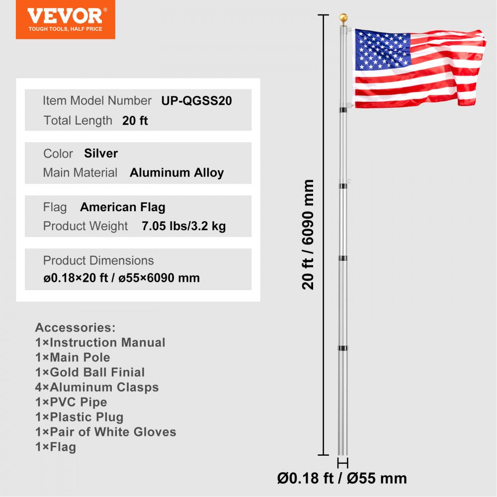 VEVOR 20FT Telescoping Flag pole Kit, Heavy Duty Aluminum Alloy in Ground Flag Poles for Outside, 3 Display Modes Flagpole with 3x5 American Flag, Professional Accessories, Silver