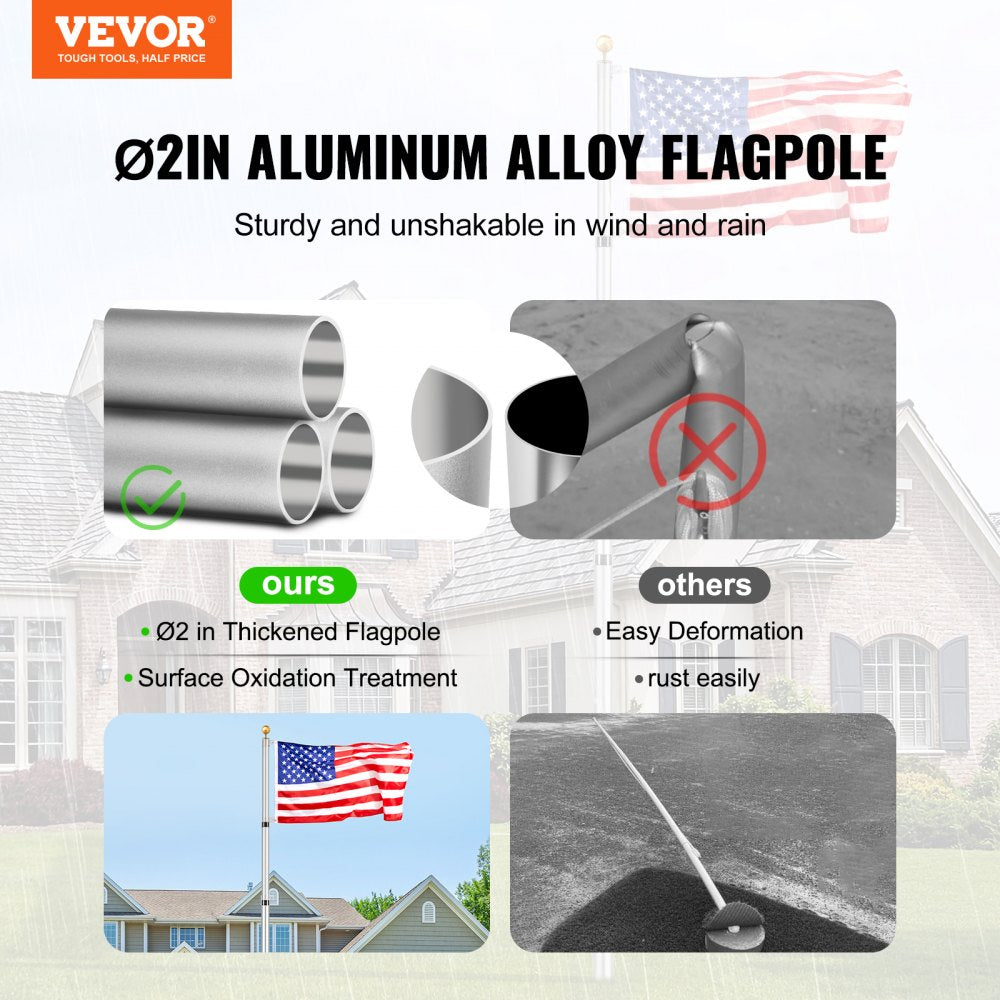 VEVOR 30FT Telescoping Flag pole Kit, Heavy Duty Aluminum Alloy in Ground Flag Poles for Outside, 3 Display Modes Flagpole with 3x5 American Flag, Professional Accessories, Silver