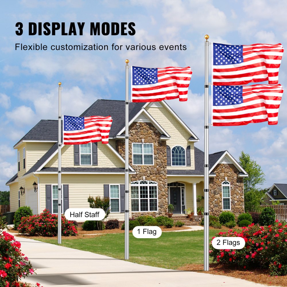 VEVOR 30FT Telescoping Flag pole Kit, Heavy Duty Aluminum Alloy in Ground Flag Poles for Outside, 3 Display Modes Flagpole with 3x5 American Flag, Professional Accessories, Silver