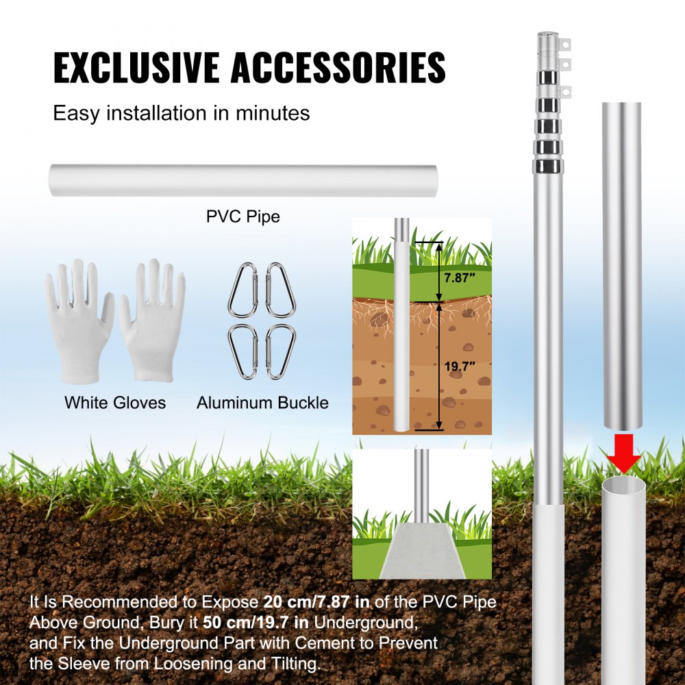 VEVOR 30FT Telescoping Flag pole Kit, Heavy Duty Aluminum Alloy in Ground Flag Poles for Outside, 3 Display Modes Flagpole with 3x5 American Flag, Professional Accessories, Silver