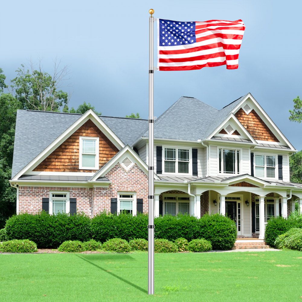 VEVOR 30FT Telescoping Flag pole Kit, Heavy Duty Aluminum Alloy in Ground Flag Poles for Outside, 3 Display Modes Flagpole with 3x5 American Flag, Professional Accessories, Silver