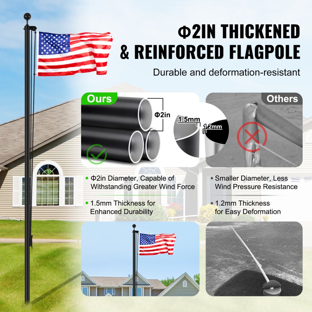 VEVOR 20FT Sectional Flag pole Kit, Heavy Duty Aluminum Alloy in Ground Flag poles for Outside, 3 Display Modes Flagpole with 3x5 American Flag, Professional Accessories, Black