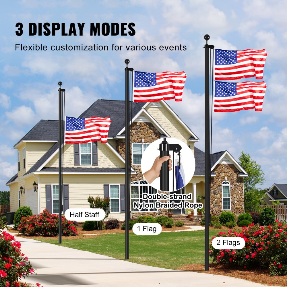 VEVOR 20FT Sectional Flag pole Kit, Heavy Duty Aluminum Alloy in Ground Flag poles for Outside, 3 Display Modes Flagpole with 3x5 American Flag, Professional Accessories, Black