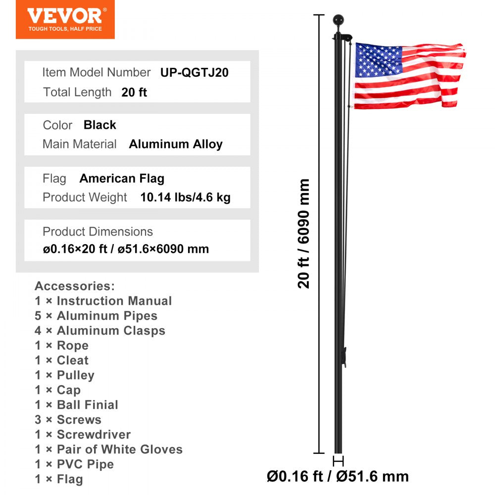 VEVOR 20FT Sectional Flag pole Kit, Heavy Duty Aluminum Alloy in Ground Flag poles for Outside, 3 Display Modes Flagpole with 3x5 American Flag, Professional Accessories, Black