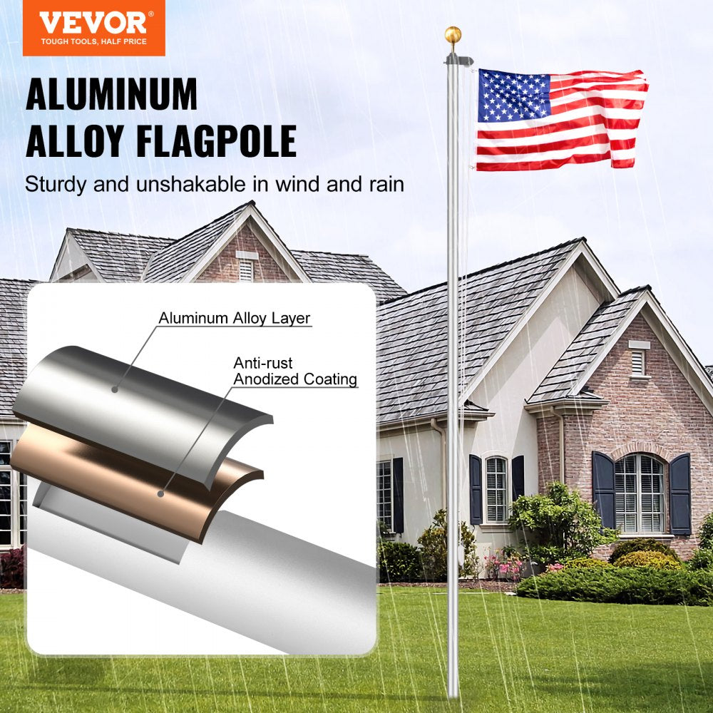 VEVOR 20FT Sectional Flag pole Kit, Heavy Duty Aluminum Alloy in Ground Flag poles for Outside, 3 Display Modes Flagpole with 3x5 American Flag, Professional Accessories, Silver