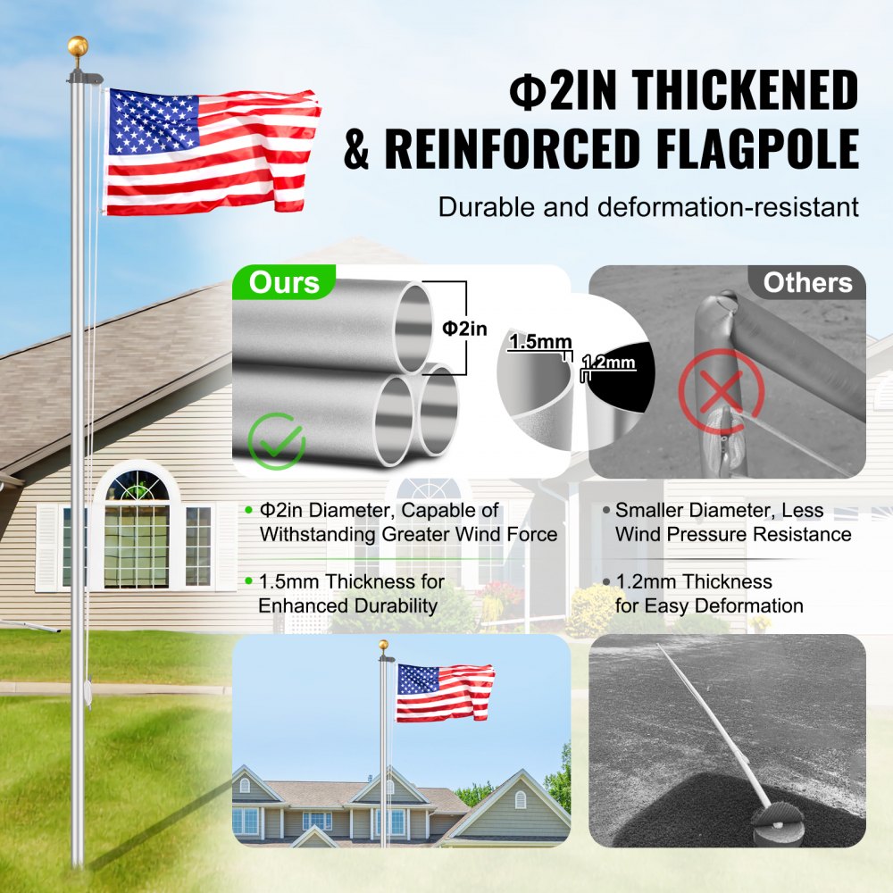 VEVOR 20FT Sectional Flag pole Kit, Heavy Duty Aluminum Alloy in Ground Flag poles for Outside, 3 Display Modes Flagpole with 3x5 American Flag, Professional Accessories, Silver