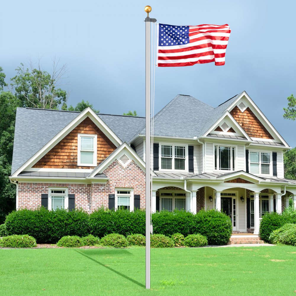VEVOR 20FT Sectional Flag pole Kit, Heavy Duty Aluminum Alloy in Ground Flag poles for Outside, 3 Display Modes Flagpole with 3x5 American Flag, Professional Accessories, Silver