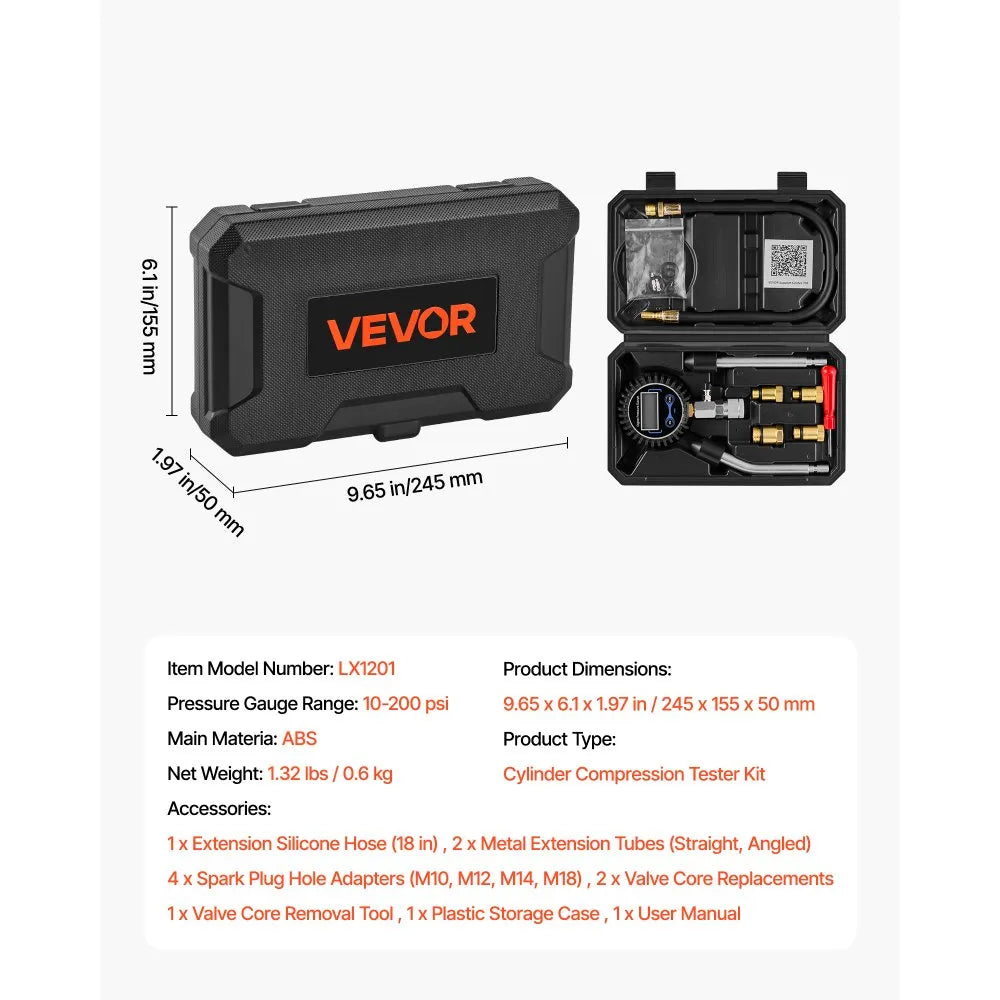 VEVOR Engine Cylinder Compression Tester Kit, Pressure Gauge Range of 10-200 PSI, Compression Tester Kit with 4 Adapters, Straight & Angled Extended Metal Tubes for Automotive Cars and Motorcycles