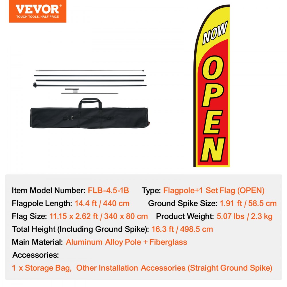 VEVOR Open Flag with Pole Kit, Advertising Flag for Business Outside, Advertising Feather Flag Kit, Includes 1 Banner Flag, 1 Pole, 1 Ground Stake, Open Signs Swooper Flag for Businesses 16.3 FT