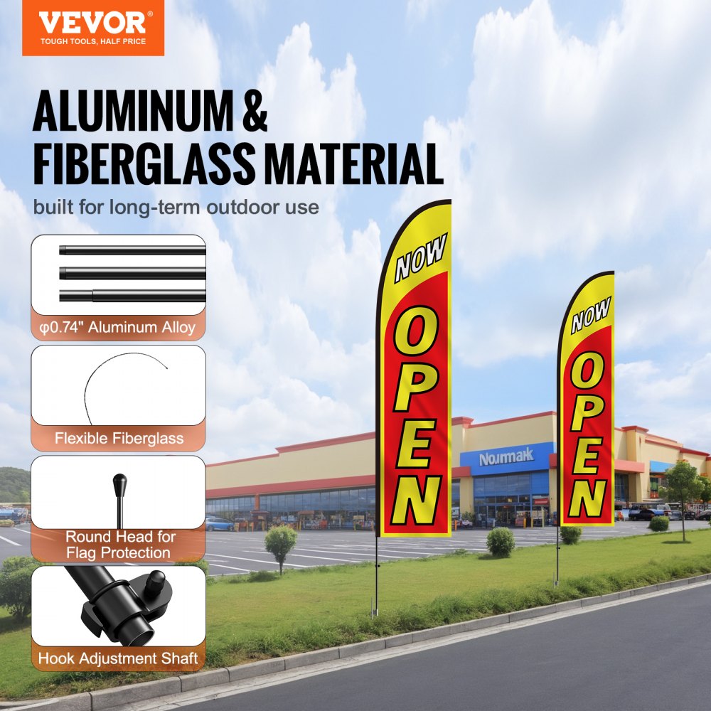 VEVOR Open Flags with Pole Kit, Advertising Flags for Business Outside, Advertising Feather Flag Kit, Includes 2 Banner Flags, 2 Poles, 2 Ground Stakes, Open Sign Swooper Flags for Businesses 16.3 FT