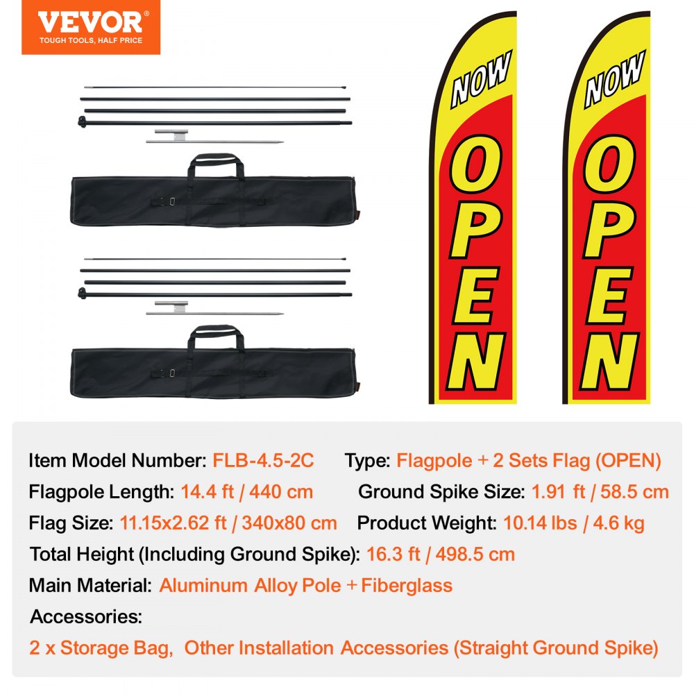 VEVOR Open Flags with Pole Kit, Advertising Flags for Business Outside, Advertising Feather Flag Kit, Includes 2 Banner Flags, 2 Poles, 2 Ground Stakes, Open Sign Swooper Flags for Businesses 16.3 FT