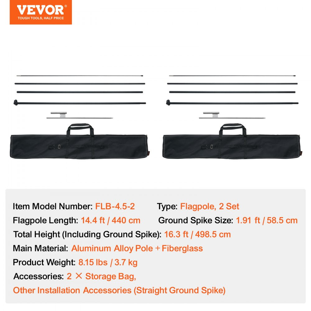 VEVOR Feather Flag Pole Kit, 2 Packs Swooper Flag Pole 16.3 ft, Sign Flag Poles for Business Advertising Flags Outdoor, with Ground Stakes and A Carrying Bag (Flag Not Included)