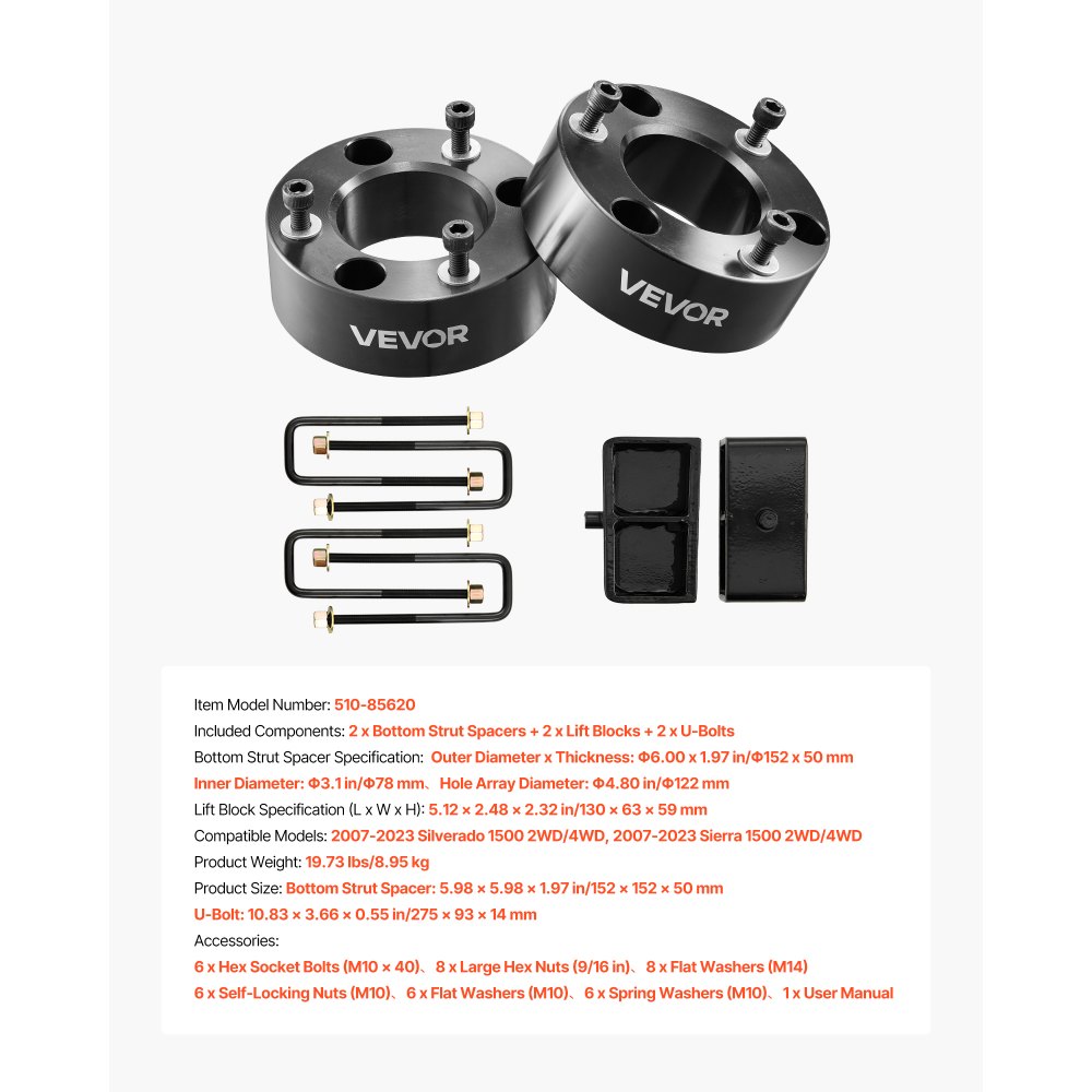 VEVOR 3 Inch Front and 2 Inch Rear Leveling Lift Kit for 2007-2023 Silverado 1500 2WD/4WD, 2007-2023 Sierra 1500 2WD/4WD, Chassis Level Kit with 2 Front Strut Spacers, 2 Rear Lift Blocks, 2 U-Bolts