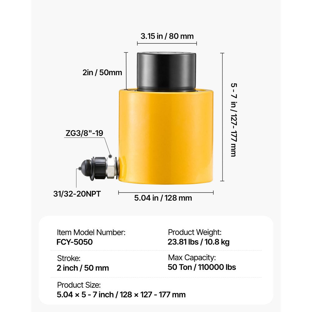 50T 2" Stroke Single Acting Hydraulic Cylinder Jack Ram