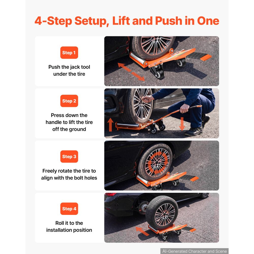 VEVOR Tire Wheel Dolly, 110LBS Heavy Duty Steel Tire Lifting Jack Tool, Fits ≤35 in Tires, 360° Rotating Rollers, Smooth Rolling Tire Lifter for Car SUV Truck, Compact & Portable for Workshop Garage