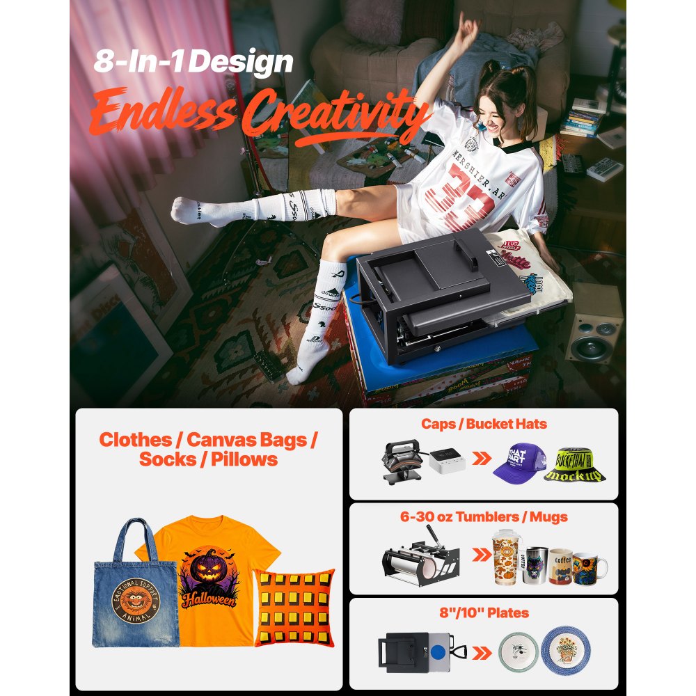 VEVOR Hybrid Heat Press 15 x 15 Inch 8-in-1 Sublimation Press Machine Black, for T-shirts/Mugs/Tumblers/Caps/Plates, Multifunction Design, Heat Up Fast and Even, All-New Patented Design, Easy to Control