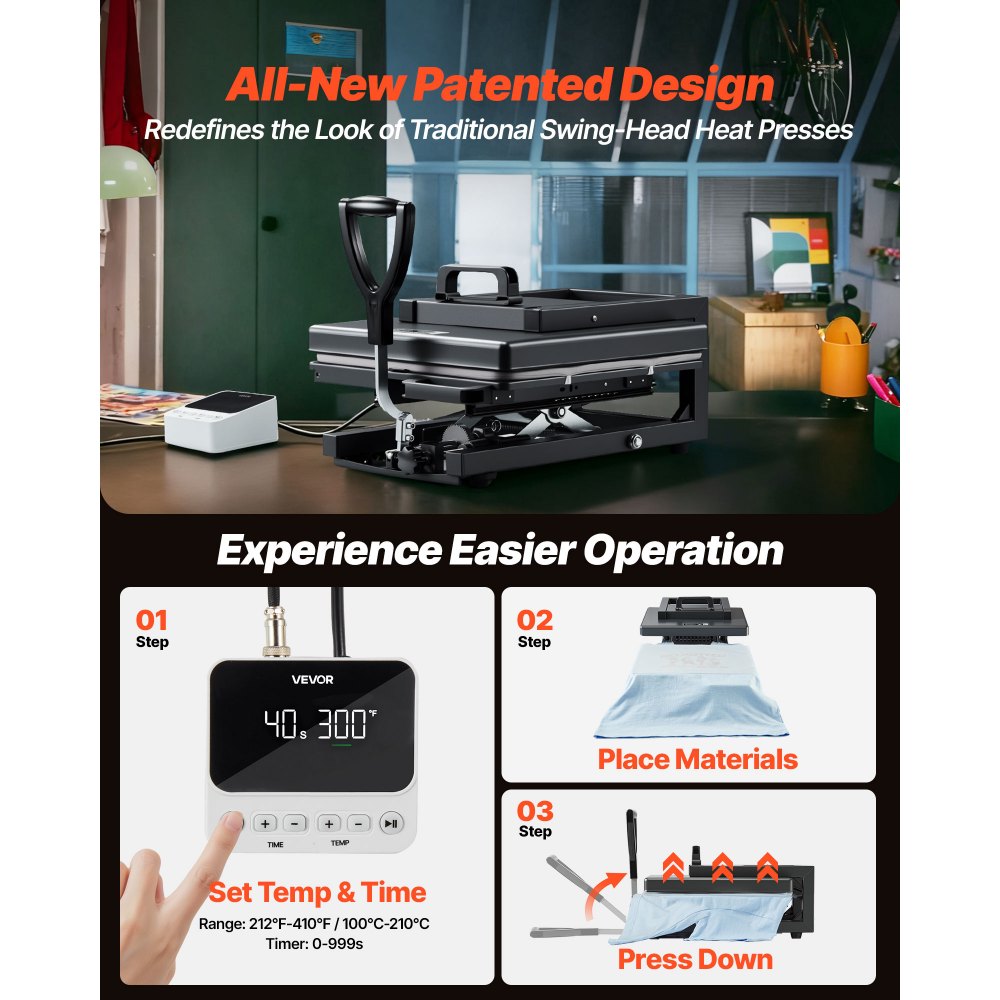 VEVOR Hybrid Heat Press 15 x 15 Inch 8-in-1 Sublimation Press Machine Black, for T-shirts/Mugs/Tumblers/Caps/Plates, Multifunction Design, Heat Up Fast and Even, All-New Patented Design, Easy to Control