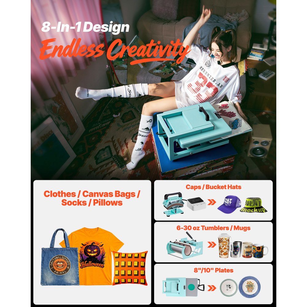 VEVOR Hybrid Heat Press Machine 15" x 15" 8-in-1 Sublimation Press Machine, for T-shirts/Mugs/Tumblers/Caps/Plates, Multifunction Design, Heat Up Fast and Even, All-New Patented Design, Light Green