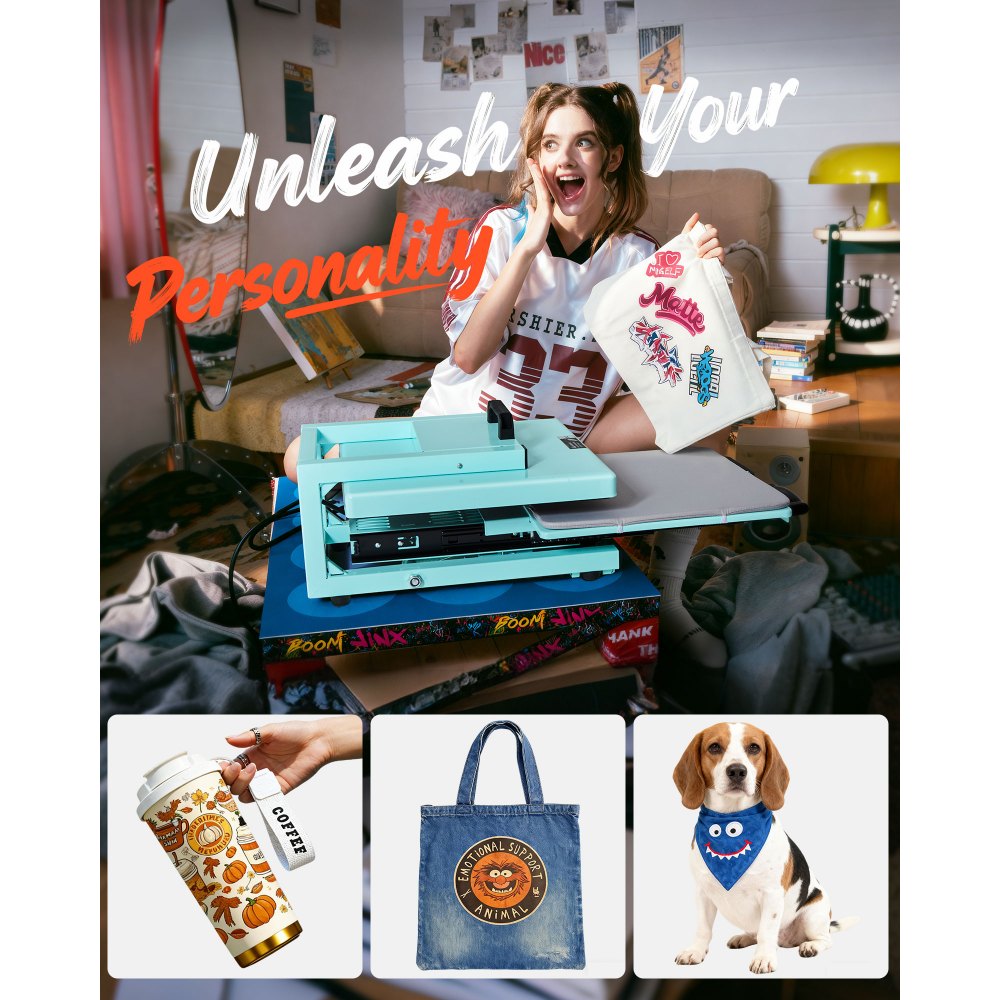 VEVOR Hybrid Heat Press Machine 15" x 15" 5-in-1 Sublimation Press Machine, for T-shirts/Mugs/Tumblers/Caps/Plates, Multifunction Design, Heat Up Fast and Even, All-New Patented Design, Light Green