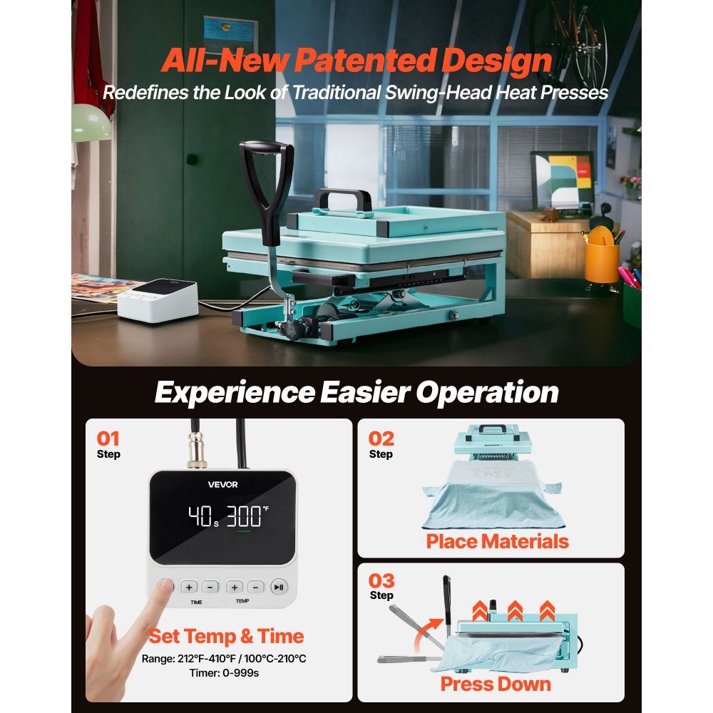 VEVOR Hybrid Heat Press Machine 15" x 15" 5-in-1 Sublimation Press Machine, for T-shirts/Mugs/Tumblers/Caps/Plates, Multifunction Design, Heat Up Fast and Even, All-New Patented Design, Light Green