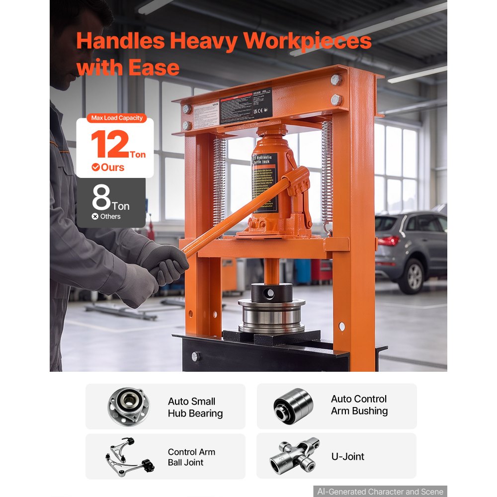 VEVOR 12 Ton Shop Press, H-Frame Garage Floor Bottle Jack Hydraulic Press, 8-Level Adjustable Height, Movable Stamping Plate, Heavy-Duty Steel for Bending, Straightening, Pressing U-Joints & Bearings