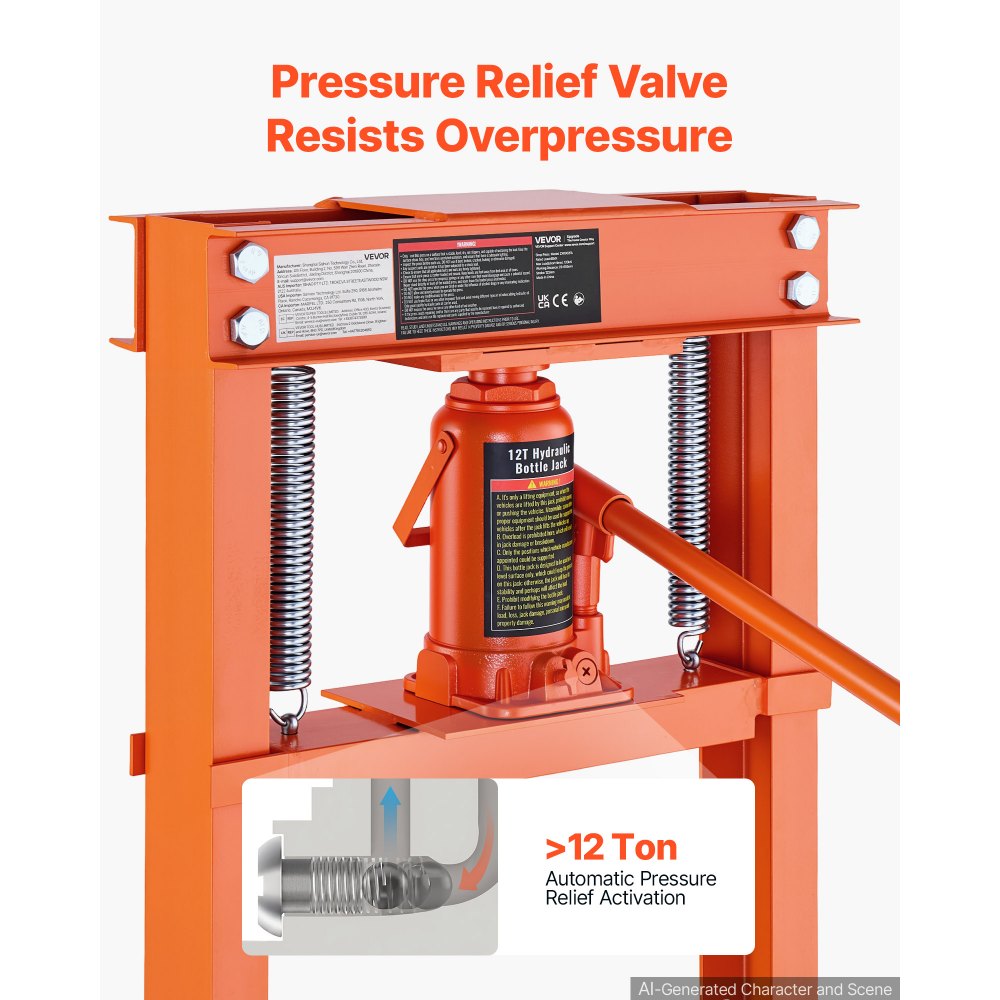 VEVOR 12 Ton Shop Press, H-Frame Garage Floor Bottle Jack Hydraulic Press, 8-Level Adjustable Height, Movable Stamping Plate, Heavy-Duty Steel for Bending, Straightening, Pressing U-Joints & Bearings
