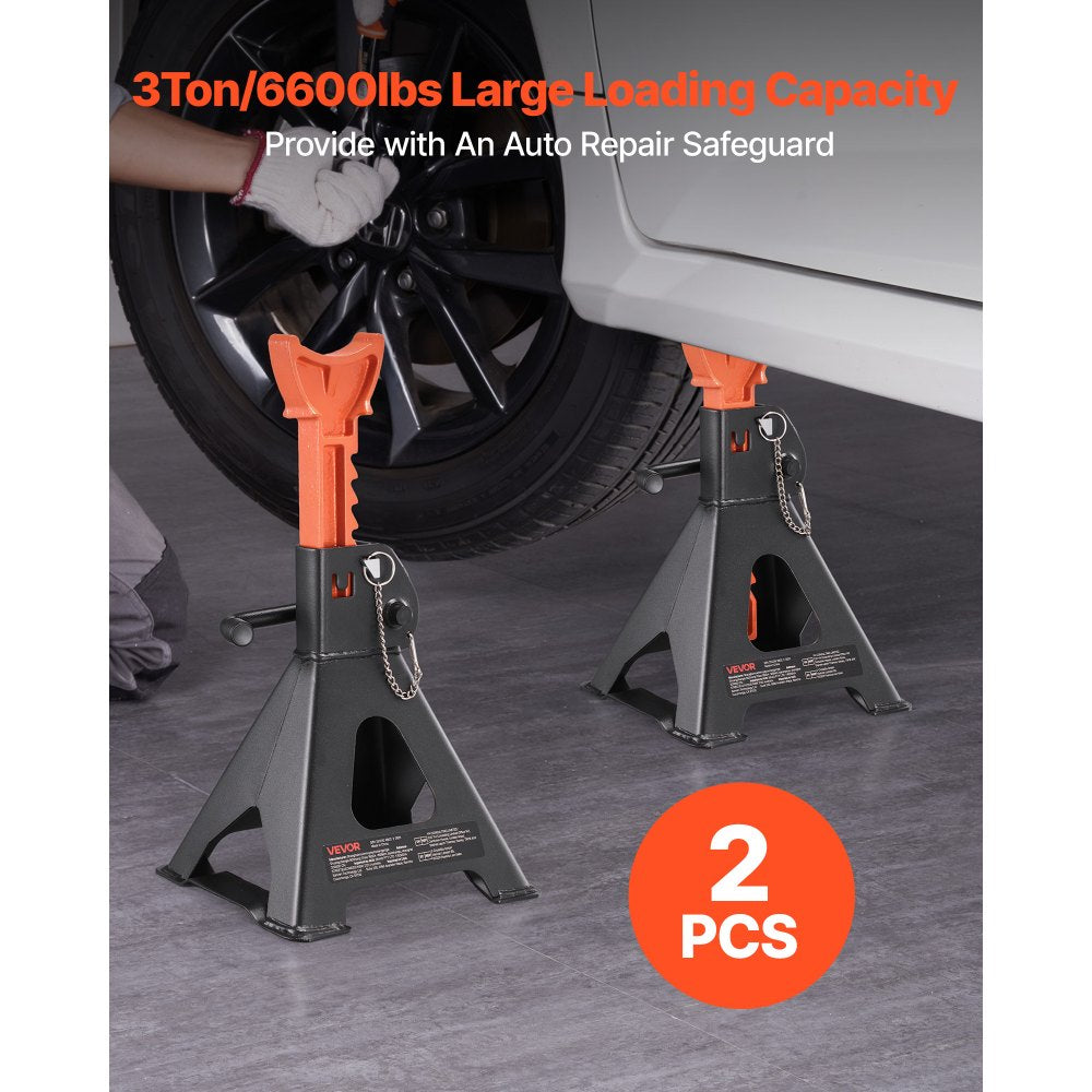 VEVOR Jack Stands, 3 Ton (6,600 lbs) Capacity, 10.8-16.3 in Adjustable Height, Heavy Duty Steel Jack Auto Stands with Double Locking, for Lifting SUV, Pickup, Car, UTV/ATV, 1 Pair, Black and Orange