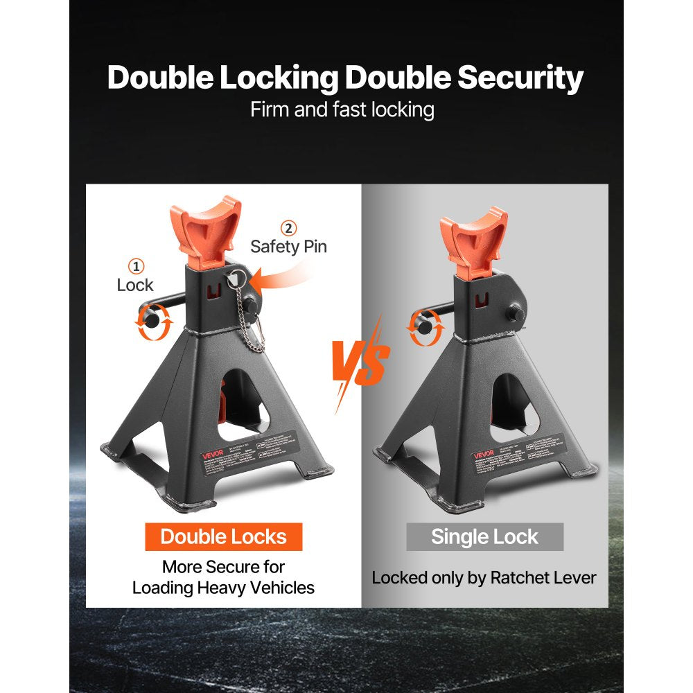 VEVOR Jack Stands, 3 Ton (6,600 lbs) Capacity, 10.8-16.3 in Adjustable Height, Heavy Duty Steel Jack Auto Stands with Double Locking, for Lifting SUV, Pickup, Car, UTV/ATV, 1 Pair, Black and Orange