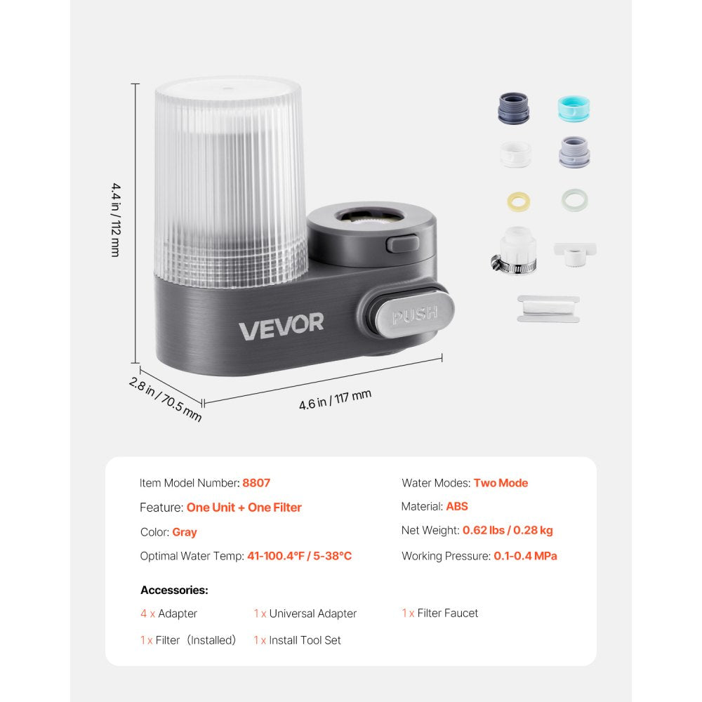 VEVOR Faucet Mount Water Filter, Vertical Water Purifier for Sink Tap, Carbon Fiber Filters, Removes Chlorine Lead with 1 Filter, Fits Most Kitchen or Bathroom Faucets, Gray