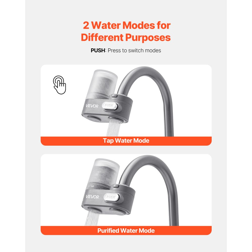 VEVOR Faucet Mount Water Filter, Vertical Water Purifier for Sink Tap, Carbon Fiber Filter, Removes Chlorine Lead with 3 Filters, Fits Most Kitchen or Bathroom Faucets, Gray