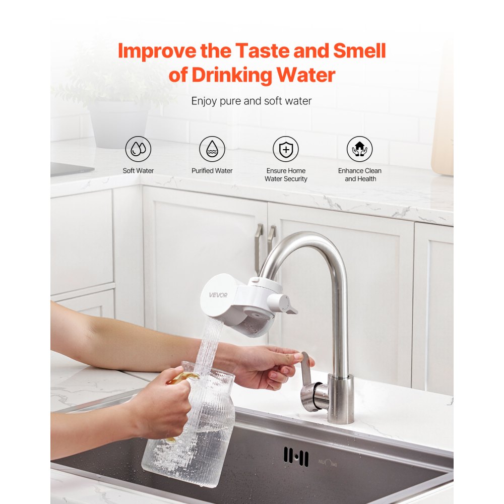 VEVOR Faucet Mount Water Filter, Horizontal Water Purifier for Sink Tap, Carbon Fiber Filter, Removes Chlorine Lead with 3 Filters, Fits Most Kitchen or Bathroom Faucets, White