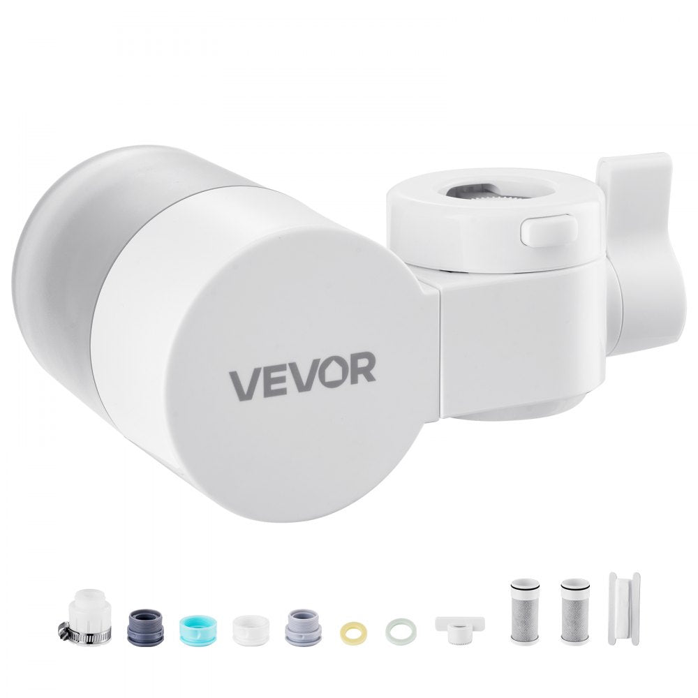 VEVOR Faucet Mount Water Filter, Horizontal Water Purifier for Sink Tap, Carbon Fiber Filter, Removes Chlorine Lead with 3 Filters, Fits Most Kitchen or Bathroom Faucets, White