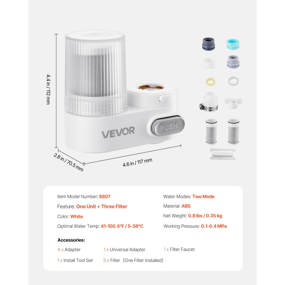 VEVOR Faucet Mount Water Filter, Vertical Water Purifier for Sink Tap, Carbon Fiber Filter, Removes Chlorine Lead with 3 Filters, Fits Most Kitchen or Bathroom Faucets, White