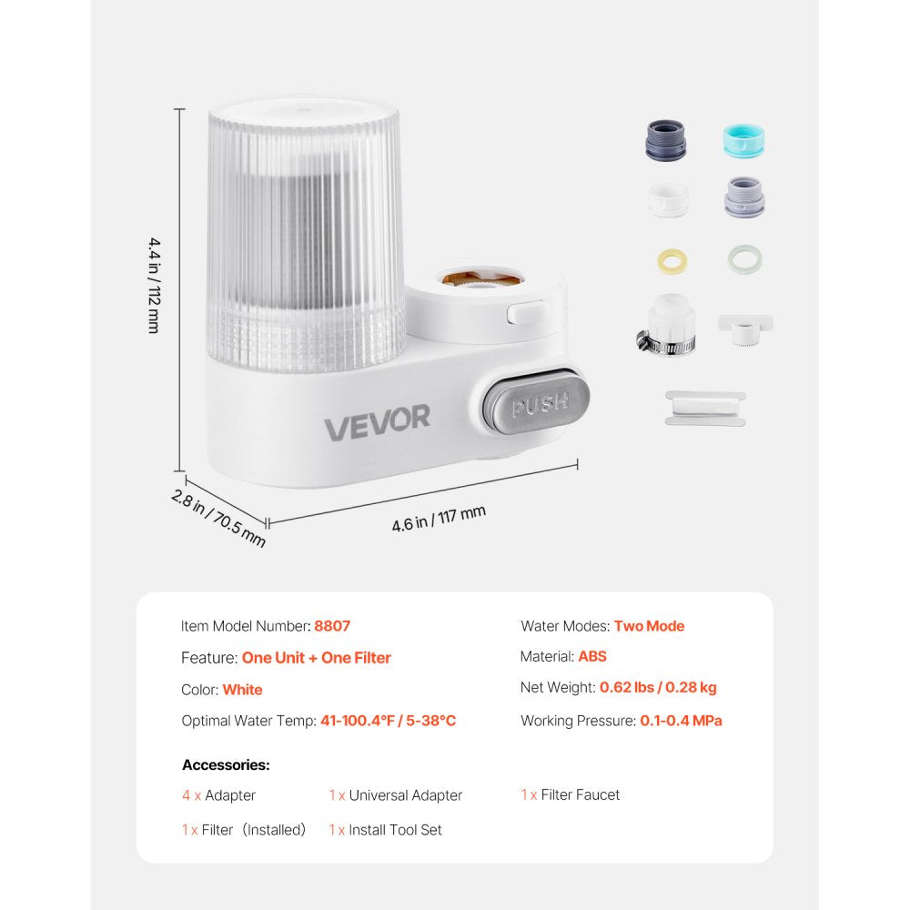 VEVOR Faucet Mount Water Filter, Vertical Water Purifier for Sink Tap, Carbon Fiber Filters, Removes Chlorine Lead with 1 Filter, Fits Most Kitchen or Bathroom Faucets, White