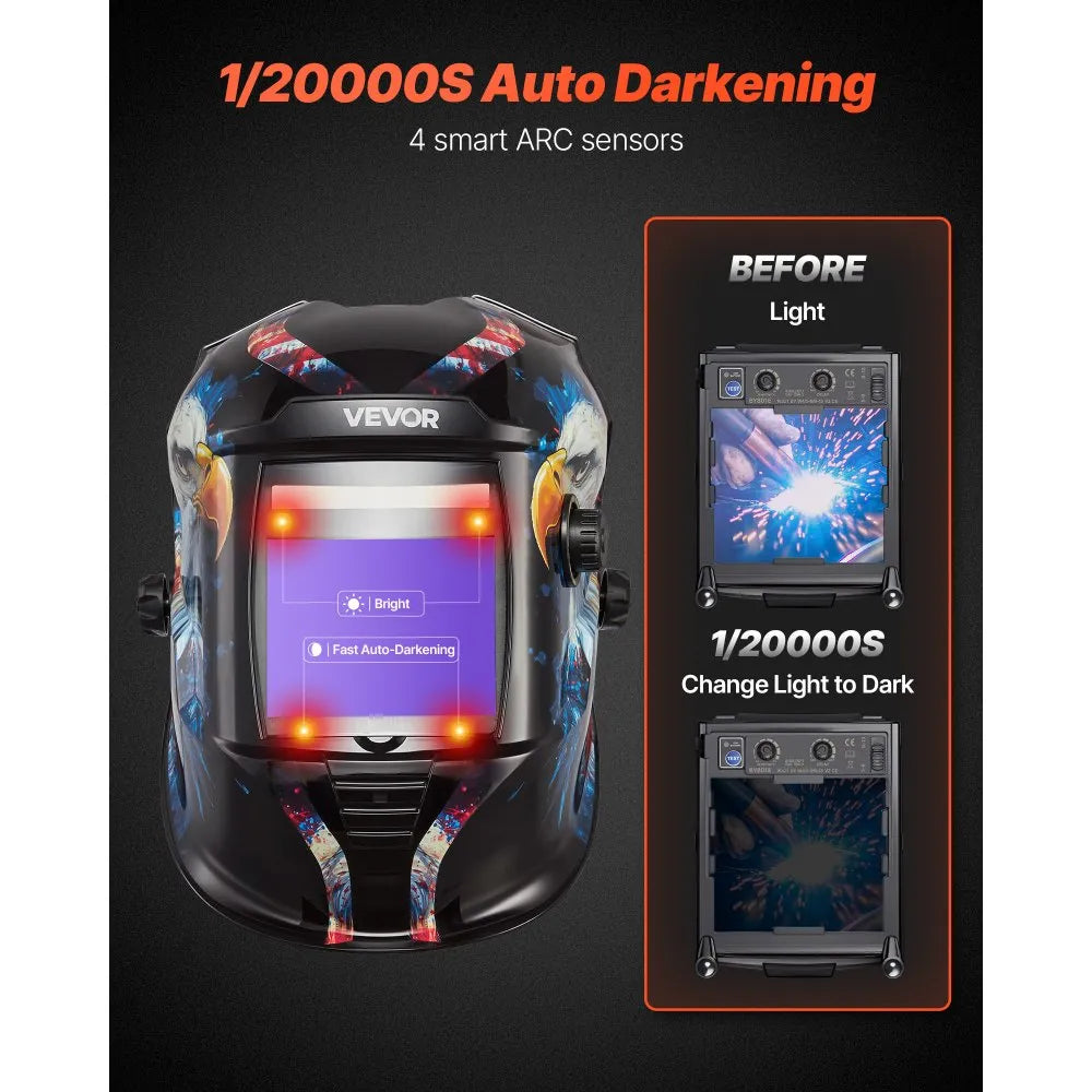 VEVOR Welding Helmet Auto Darkening, 3.94" x 3.15" True Color Welding Hood, 1/1/1/1 Solar-Powered Welder Mask 4 Arc Sensors, Wide Shade 4/5-9/9-13 for TIG MIG ARC Weld Grinding Cutting - METIS Series