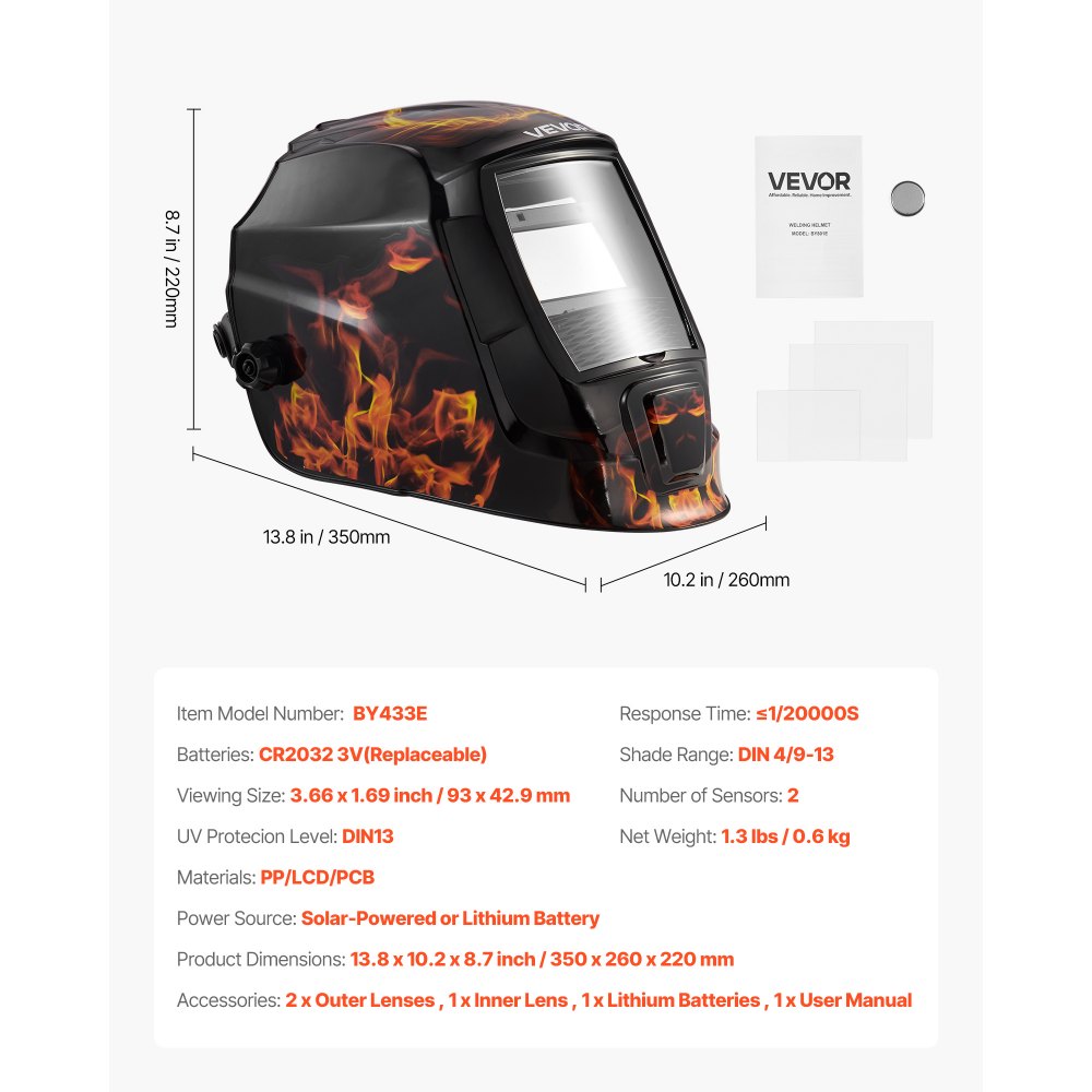 VEVOR Welding Helmet Auto Darkening, 3.66" x 1.69" True Color Welding Hood, Solar-Powered Welder Mask 2 Arc Sensors, Shade 4/9-13 for TIG MIG ARC Weld Grinding - CRIUS Series (Yellow Flame Pattern)
