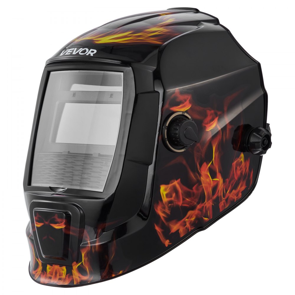 VEVOR Welding Helmet Auto Darkening, 3.66" x 1.69" True Color Welding Hood, Solar-Powered Welder Mask 2 Arc Sensors, Shade 4/9-13 for TIG MIG ARC Weld Grinding - CRIUS Series (Yellow Flame Pattern)
