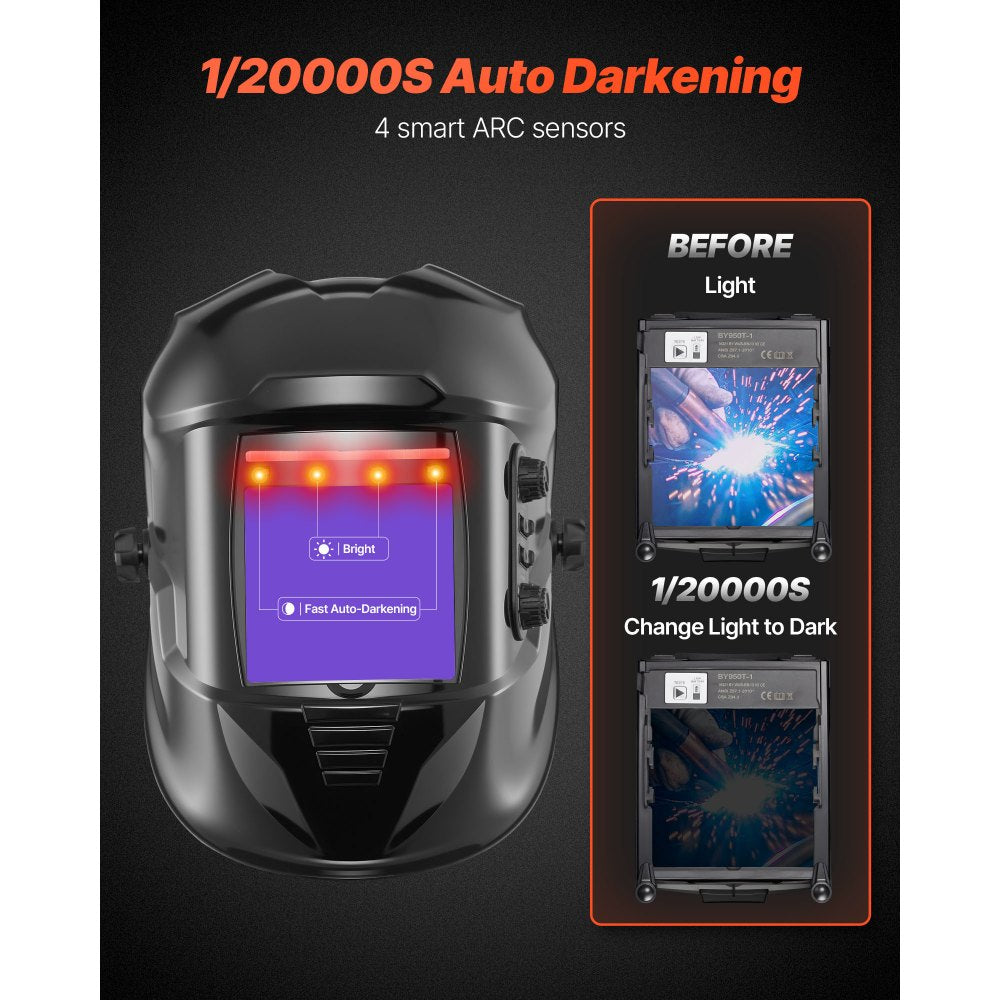 VEVOR Welding Helmet Auto Darkening, 3.94" x 3.74" True Color Welding Hood, 1/1/1/1 Solar-Powered Welder Mask 4 Arc Sensors, Wide Shade 4/5-9/9-13 for TIG MIG ARC Weld Grinding Cutting - METIS Series