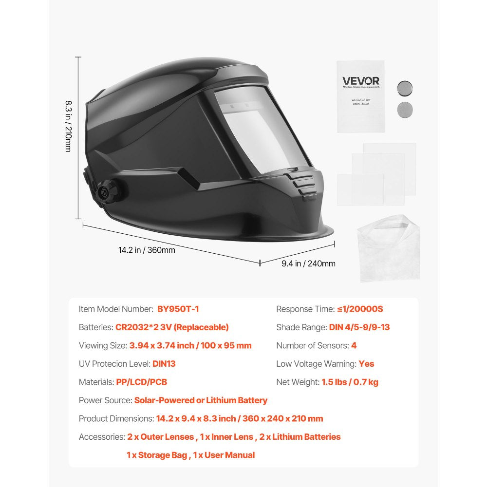 VEVOR Welding Helmet Auto Darkening, 3.94" x 3.74" True Color Welding Hood, 1/1/1/1 Solar-Powered Welder Mask 4 Arc Sensors, Wide Shade 4/5-9/9-13 for TIG MIG ARC Weld Grinding Cutting - METIS Series