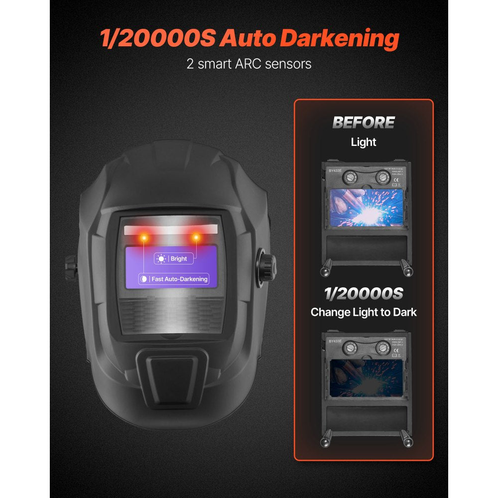 VEVOR Welding Helmet Auto Darkening, 3.66" x 1.69" True Color Welding Hood, Solar Powered Welder Mask 2 Arc Sensors, Shade 4/9-13 for TIG MIG ARC Weld Grinding - CRIUS Series (Matte Black)