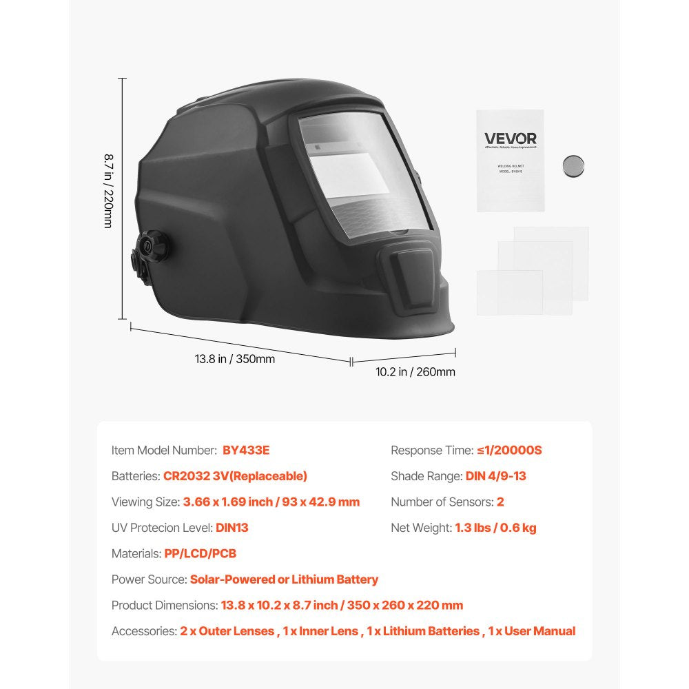 VEVOR Welding Helmet Auto Darkening, 3.66" x 1.69" True Color Welding Hood, Solar Powered Welder Mask 2 Arc Sensors, Shade 4/9-13 for TIG MIG ARC Weld Grinding - CRIUS Series (Matte Black)