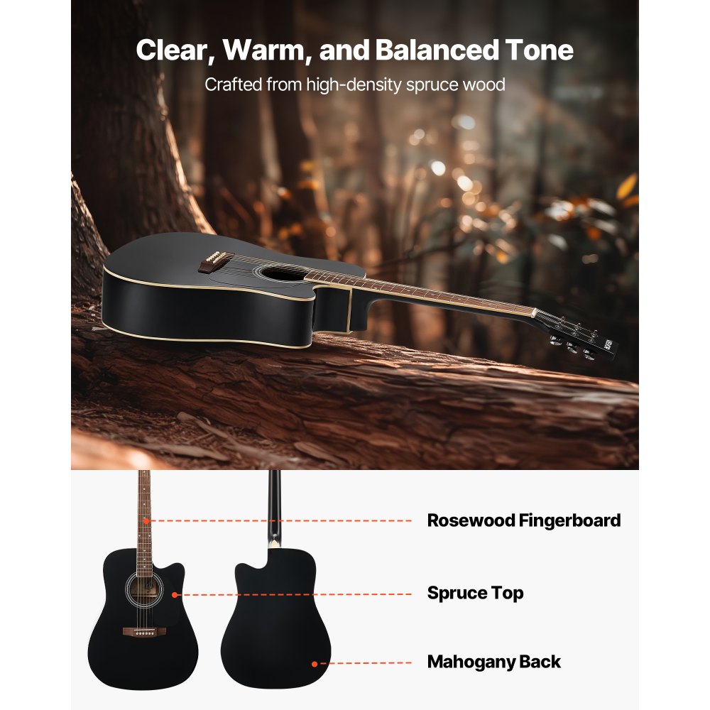 VEVOR Cutway Acoustic Guitar, 41 in, 6-String Black Solid Spruce Top Guitar, Beginner Bundle with Gig Bag, Tuner, Strap, Strings, Picks, Capo, Rosewood Fingerboard, for Adult Fingerstyle Solo Jazz
