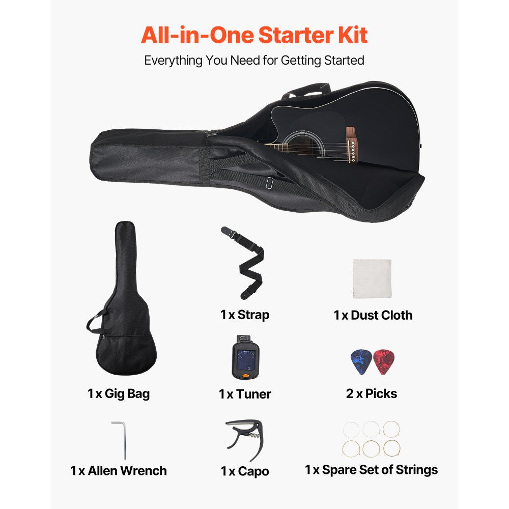 VEVOR Cutway Acoustic Guitar, 41 in, 6-String Black Solid Spruce Top Guitar, Beginner Bundle with Gig Bag, Tuner, Strap, Strings, Picks, Capo, Rosewood Fingerboard, for Adult Fingerstyle Solo Jazz