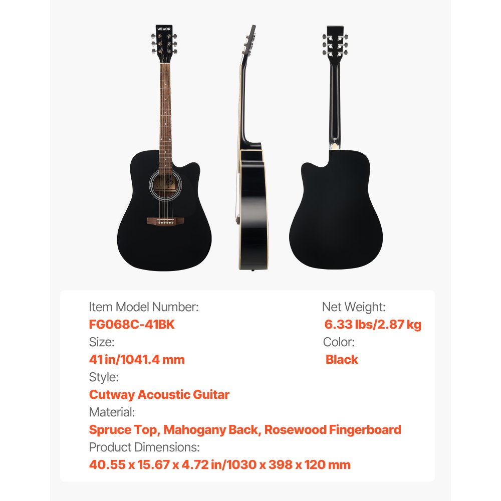 VEVOR Cutway Acoustic Guitar, 41 in, 6-String Black Solid Spruce Top Guitar, Beginner Bundle with Gig Bag, Tuner, Strap, Strings, Picks, Capo, Rosewood Fingerboard, for Adult Fingerstyle Solo Jazz
