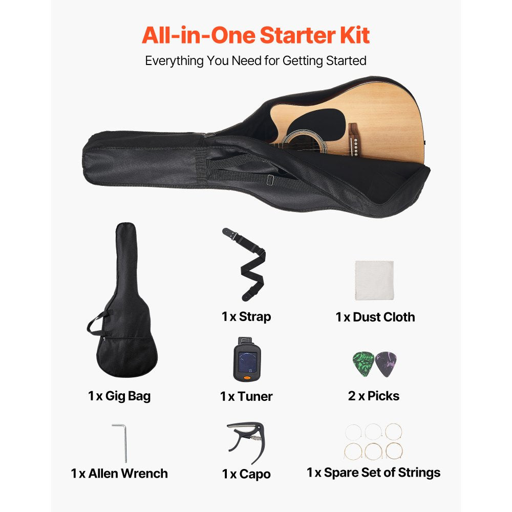 VEVOR Cutway Acoustic Guitar, 41 in, 6-String, Natural Solid Spruce Top Guitar, Beginner Bundle with Gig Bag, Tuner, Strap, Steel Strings, Picks, Capo, Rosewood Fingerboard, for Fingerstyle Solo Jazz