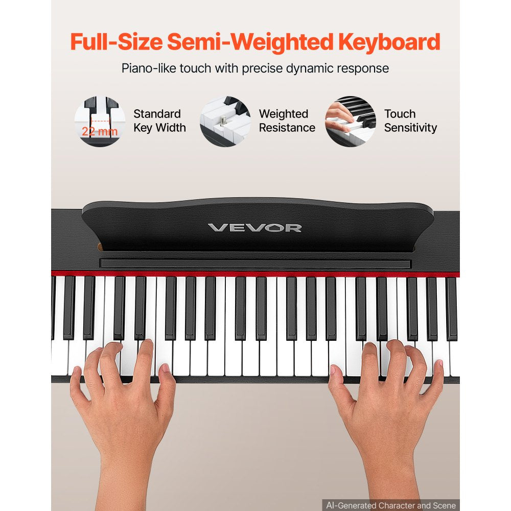 VEVOR Digital Piano 88 Keys Semi Weighted Full Size Keyboard Stand Black, for Beginners, 600 Tones, 600 Rhythms, Electric Piano, with Sustain Pedal, Speaker, Headphone Jack, USB/MIDI, Power Adapter