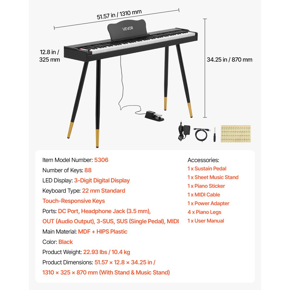 VEVOR Digital Piano 88 Keys Semi Weighted Full Size Keyboard Stand Black, for Beginners, 600 Tones, 600 Rhythms, Electric Piano, with Sustain Pedal, Speaker, Headphone Jack, USB/MIDI, Power Adapter