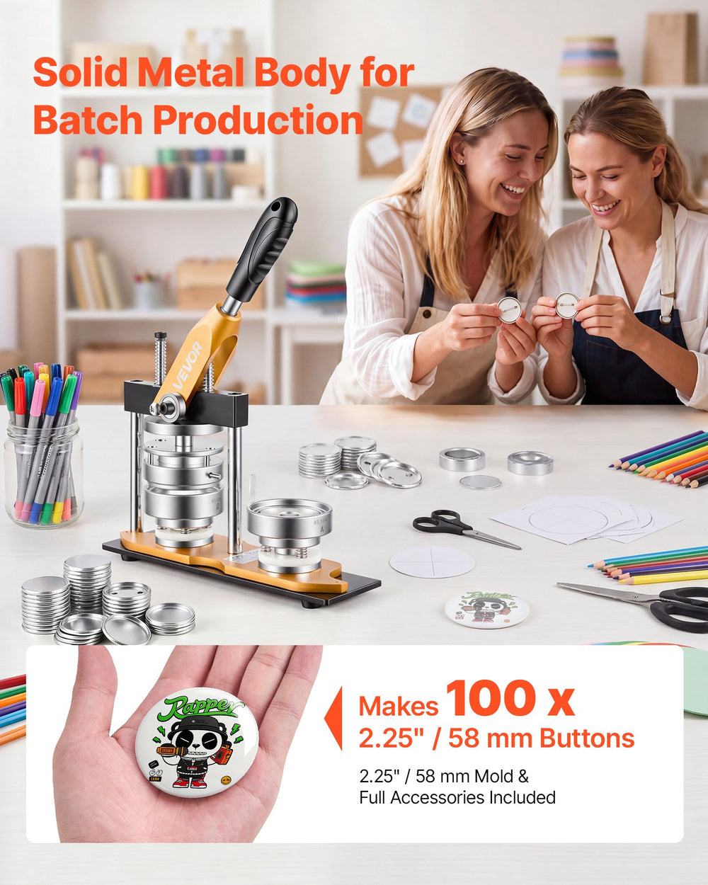VEVOR Button Maker Machine, 2.25" / 58 mm, Solid Metal Pin Maker with 100pcs Button Parts, Circle Cutter and Magic Book, Reinforced Ergonomic Handle, Steel Mold, for DIY Badges, Pins, Key Chains