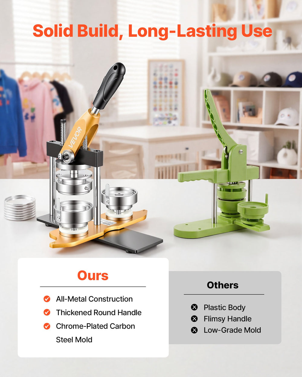 VEVOR Button Maker Machine, 2.25" / 58 mm, Solid Metal Pin Maker with 100pcs Button Parts, Circle Cutter and Magic Book, Reinforced Ergonomic Handle, Steel Mold, for DIY Badges, Pins, Key Chains